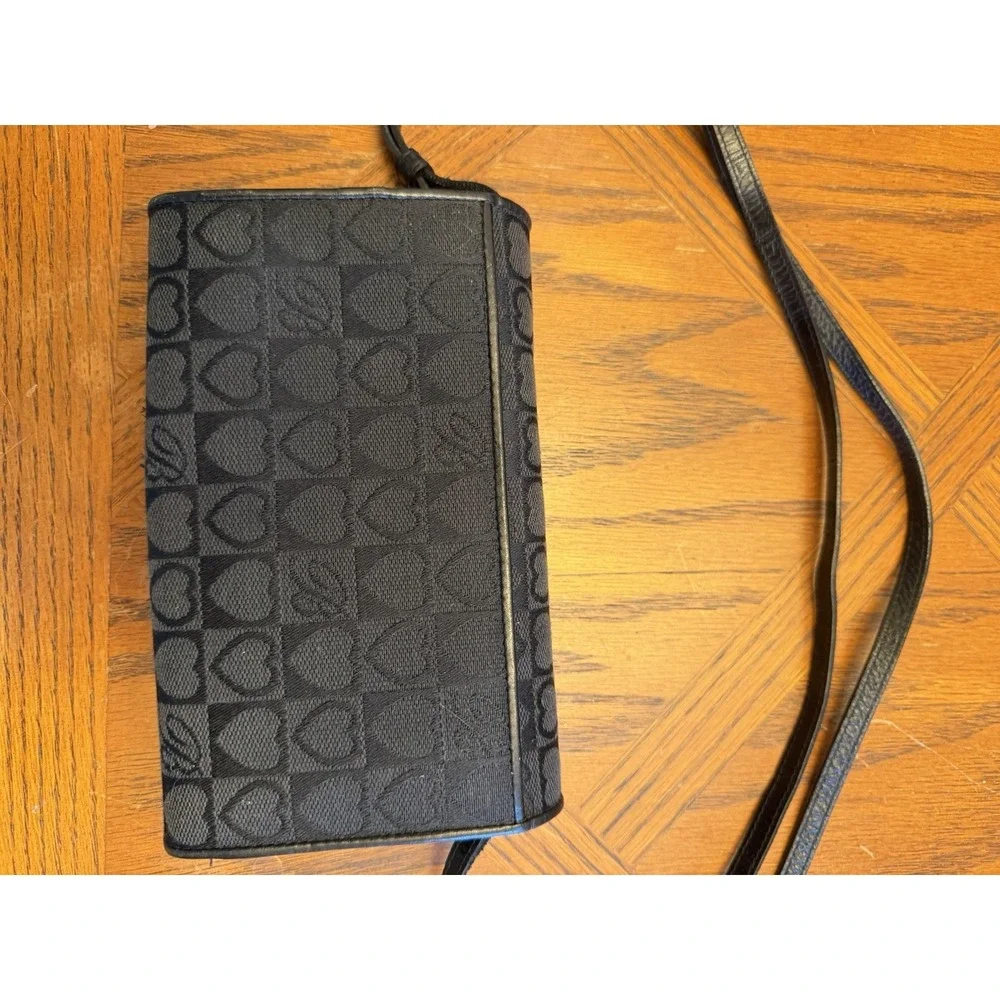 Ladies BRIGHTON Crossbody Organizer Clutch Wallet - Black Leather & Heart Fabric